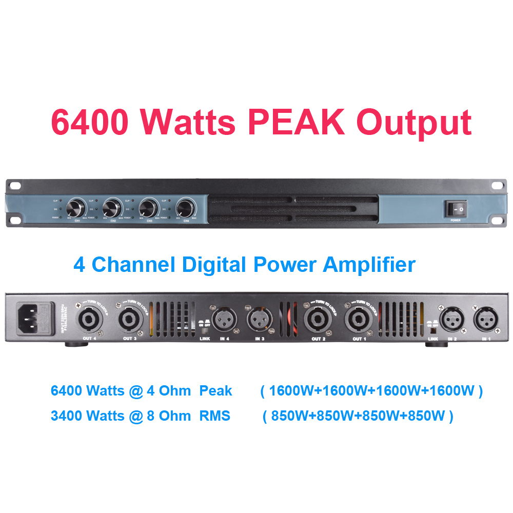 Advanced 4 Channel 6400 Watts D-Class Digital Power Amplifier 1U 19